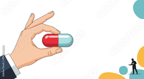 Human hand holding a large red and blue medicinal capsule pill against a white background with abstract colorful shapes and silhouettes.