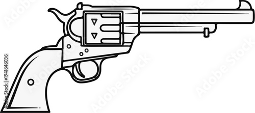 Detailed line drawing of a classic revolver with a wooden grip and cylinder