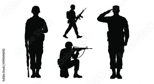Military personnel in various poses a striking black silhouette