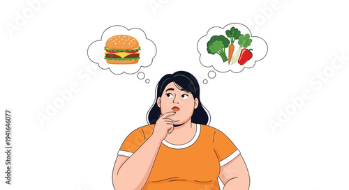 Overweight woman thinking about choosing between a delicious fast food burger and healthy fresh vegetables in thought bubbles.