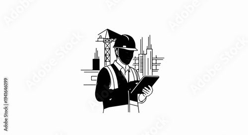 Construction worker in hard hat using tablet, with crane and buildings