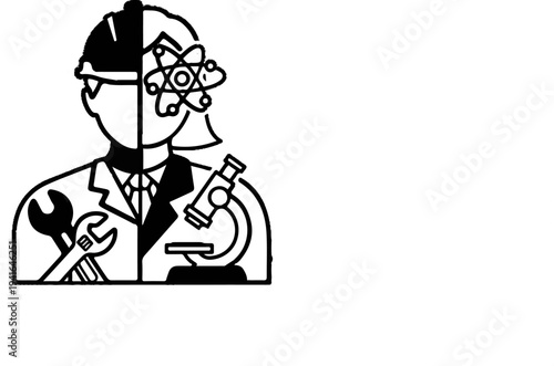 Dichotomy of professions Engineer's tools meet scientist's atom and microscope