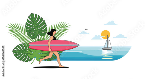 Young woman running on the beach holding a pink surfboard with tropical monstera leaves and a sailboat at sunset in the background.