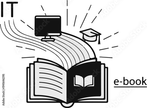 Digital learning computer, graduation cap, and open book