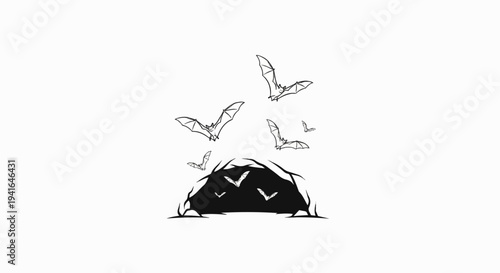 Bats emerging from dark cave entrance, flying