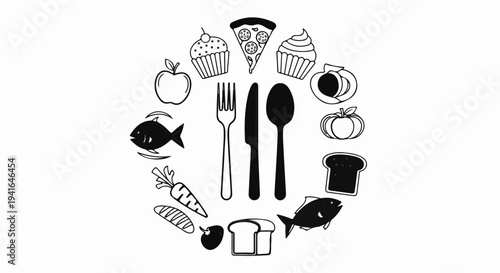 Diverse array of food and cutlery arranged in a circular pattern