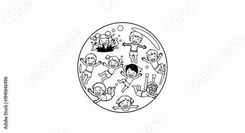 Diverse children joyfully splashing and swimming inside a circular bubble