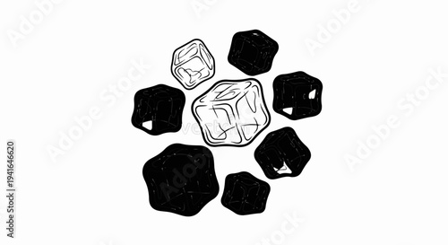 Black and white artistic representation of ice cubes arranged in a circular pattern