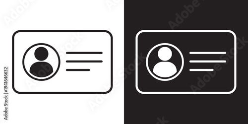 Modern outline ID card icon with profile picture and text lines. Symbolizes personal identification, employee badge, membership card, driver's license, and digital identity verification.