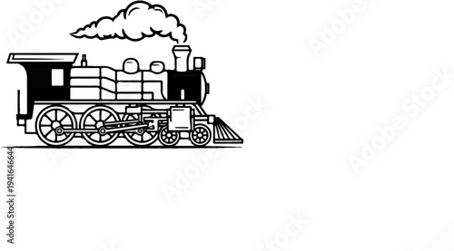 Black and white cartoon drawing of a vintage steam engine train puffing smoke