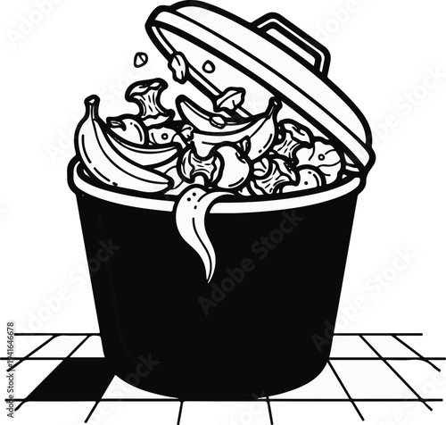 Black and white cartoon of an overflowing trash can with fruit peels