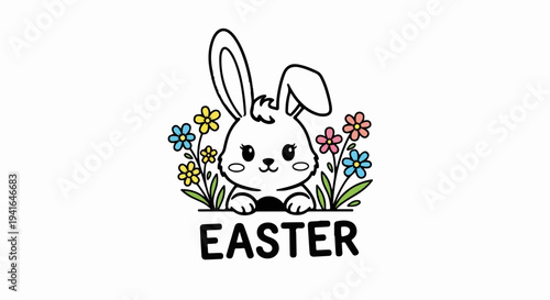 Cute bunny peeking over "Easter" text amidst colorful spring flowers