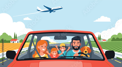 Happy family with two children and a dog traveling in a red car through a rural landscape with an airplane flying in the blue sky.