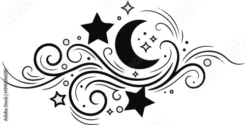 Black and white crescent moon, stars, and swirling lines graphic design