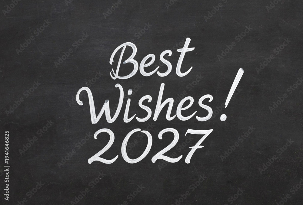 Obraz premium best wishes 2027 text number new year handwritten greetings on a blackboard chalkboard hand written, cursive, handwriting chalk writing