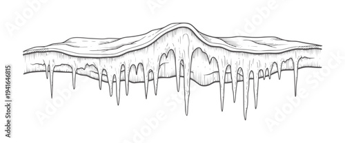 Hand drawn of icicles hanging from an icy ledge winter cold frozen