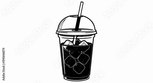 Black and white drawing of iced coffee in a clear plastic cup