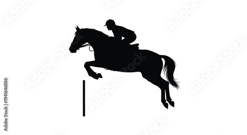 Horse and rider jumping a fence in striking black silhouette
