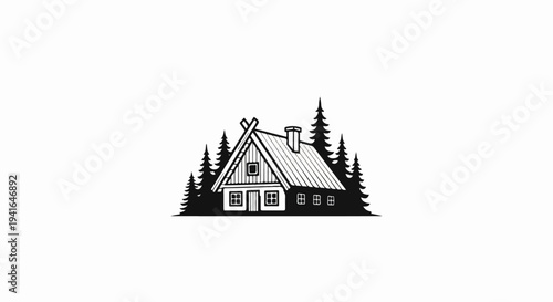 Black and white drawing of a triangular-roofed house surrounded by trees