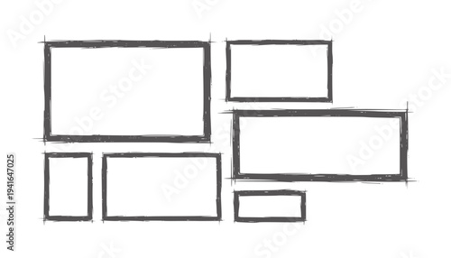 Six hand drawn dark grey rectangular frames white rectangle handdrawn grunge darkgrey