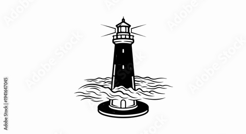 Black and white graphic of a lighthouse in choppy seas