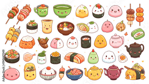 Cute Japanese Snacks and Tea Characters – Dango, Mochi, Onigiri Vector Set