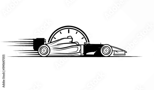 Black and white graphic of a speeding race car with a speed indicator