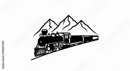 Black and white illustration of a steam train traveling past mountains