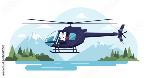 Professional businessman flying in a dark blue helicopter over a scenic landscape with mountains, evergreen trees, and a calm lake.