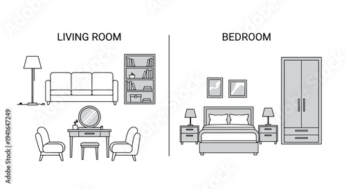Minimalist line art illustration comparing living room and bedroom furniture sets in a simple gray and white color palette for home decor.