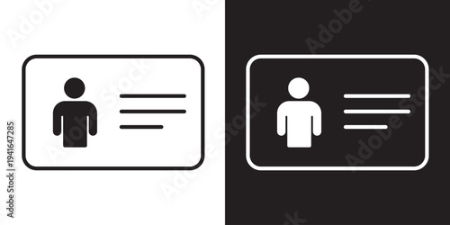 Modern outline ID card icon with profile picture and text lines. Symbolizes personal identification, employee badge, membership card, driver's license, and digital identity verification.