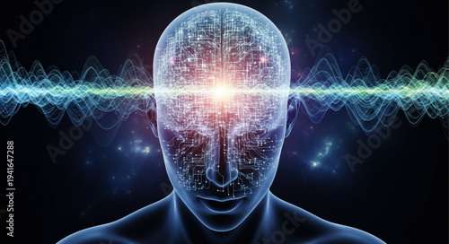 Futuristic Human Head with Digital Brain and Light Effects.