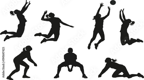 Collection of professional volleyball player silhouettes featuring female athletes jumping spiking and serving isolated on white background for sports design