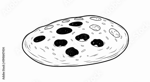 Black and white illustration of a cookie with dark chocolate chips