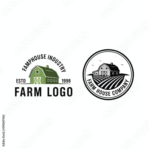 Vector illustrations of classic farm and barn house logos for agricultural branding needs.
