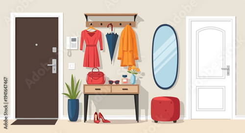 Modern hallway interior design with a wooden console table, mirror, red coat, bag, and entrance door in a flat vector illustration style.