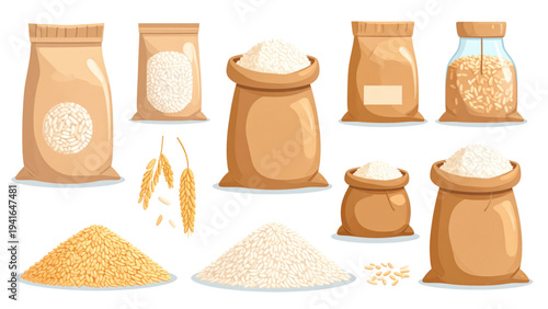 Rice Grain and Sack Vector Illustration Set