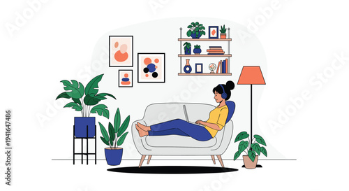 Woman wearing headphones relaxing on a sofa and using a laptop in a bright modern living room filled with plants and wall decorations.