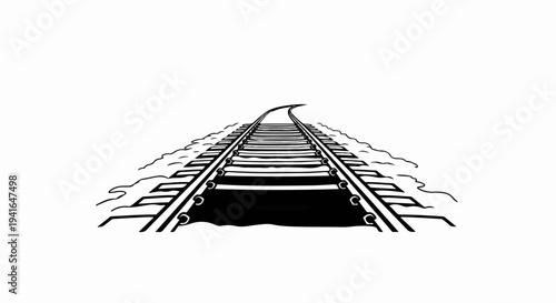 Black and white illustration of a curved railroad track receding into the distance