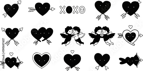 Adorable black hearts and cupids in playful poses, themed for love