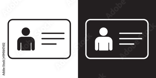 Modern outline ID card icon with profile picture and text lines. Symbolizes personal identification, employee badge, membership card, driver's license, and digital identity verification.