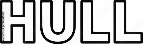 Bold, outlined letters spell out the word HULL in black and white