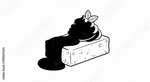 Black and white illustration of a dessert with chocolate sauce and cream