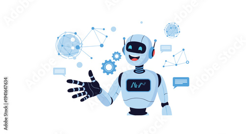 Friendly white robot with a digital screen on its chest waving its hand amidst various floating tech icons and blue geometric shapes.