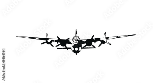 Silhouette of a four-engine propeller cargo plane flying, front view, isolated on white background.