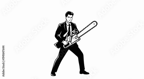 Black and white illustration of a determined man in a suit holding a chainsaw