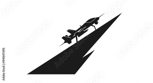 Silhouette of a futuristic fighter jet ascending a sharp, abstract black shape on a white background.
