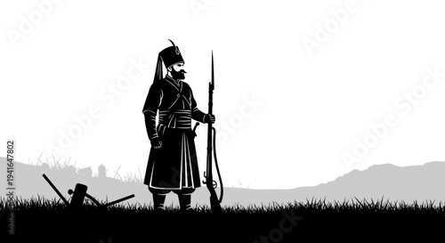 Silhouette of a Mughal Soldier with Rifle in a Grassy Field, Historical Illustration