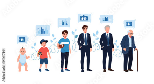 Illustration showing various life stages of a man from a baby and child to an adult and elderly person with thought bubbles above them.