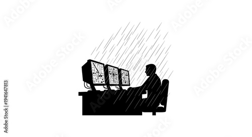 Silhouette of a person working on multiple computer monitors in the rain
